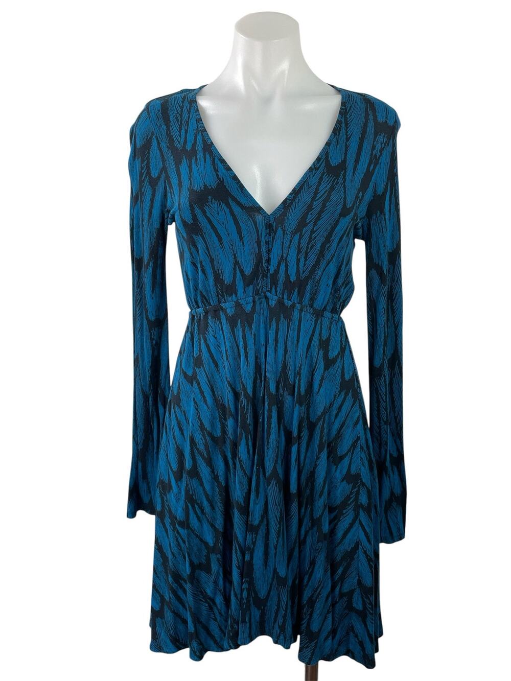 EXPRESS Women's Blue Black Long Sleeves Plunge V-neck Mini Fit & Flare Dress XS